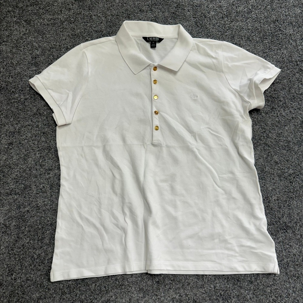 Lauren Ralph Lauren Polo Womens XL White Gold Button Pique Short Sleeve Shirt